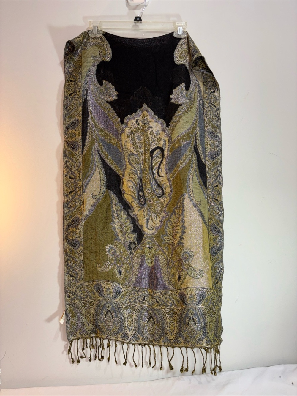 Collectioneighteen Elegant Paisley Fringe Scarf in Olive and Black   1060